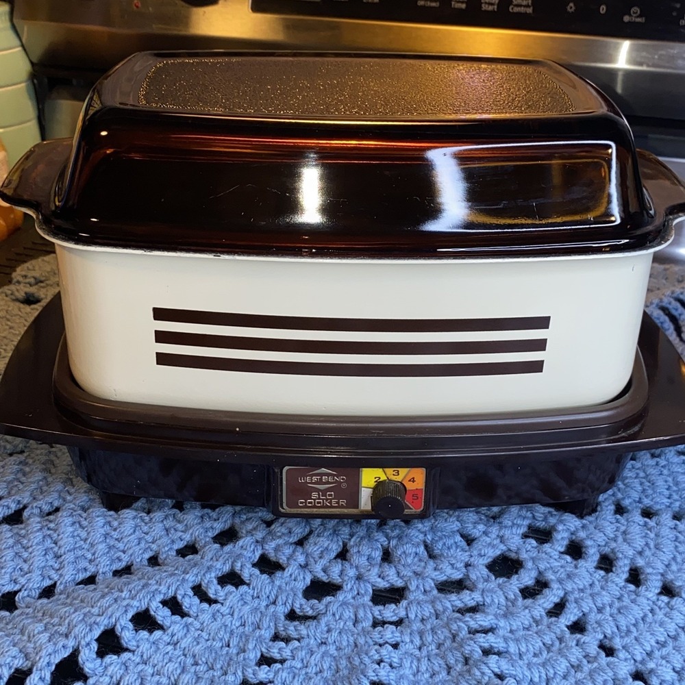 Vintage West Bend‎ Slo Cooker Cat 84114 5 Heat Settings Brown Stripe Retro EC
